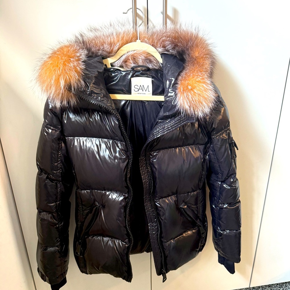 Sam. Jacket (size Large)- originally $695- Puffer jacket with fur hood.